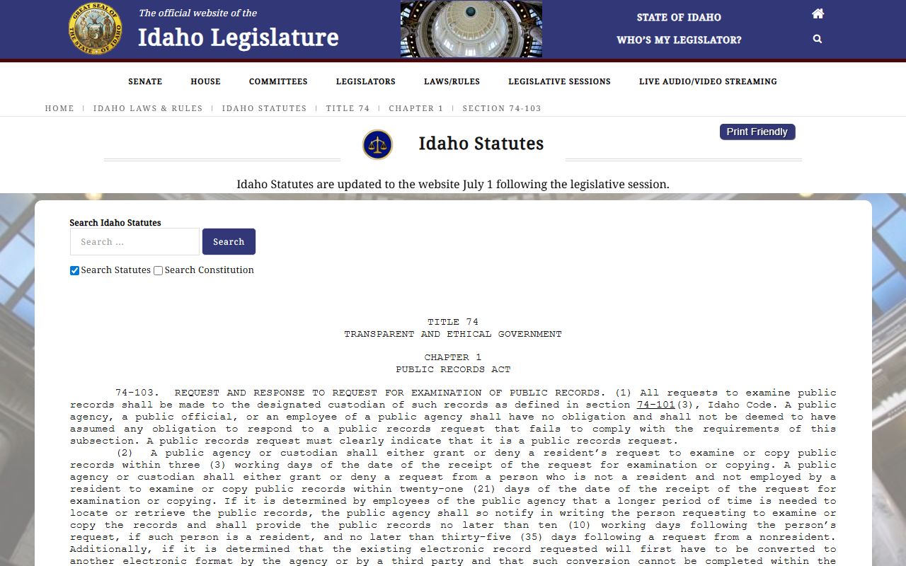 Gem County Clerk of Court Idaho Code 74-103 public records request procedures