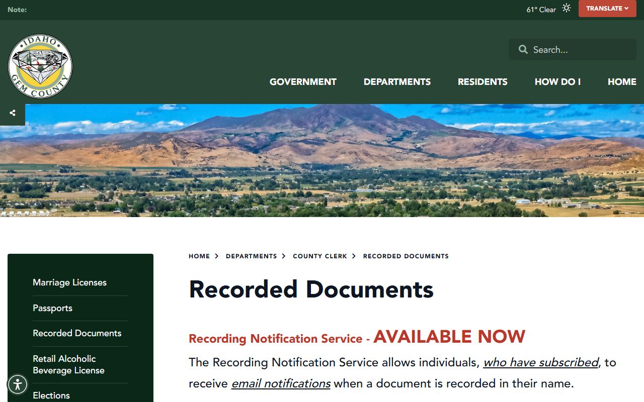 Gem County Clerk of Court recorded document index and recorder fees