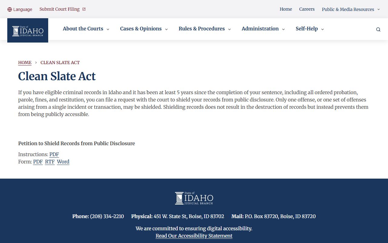 Gem County criminal court records Idaho Clean Slate Act source