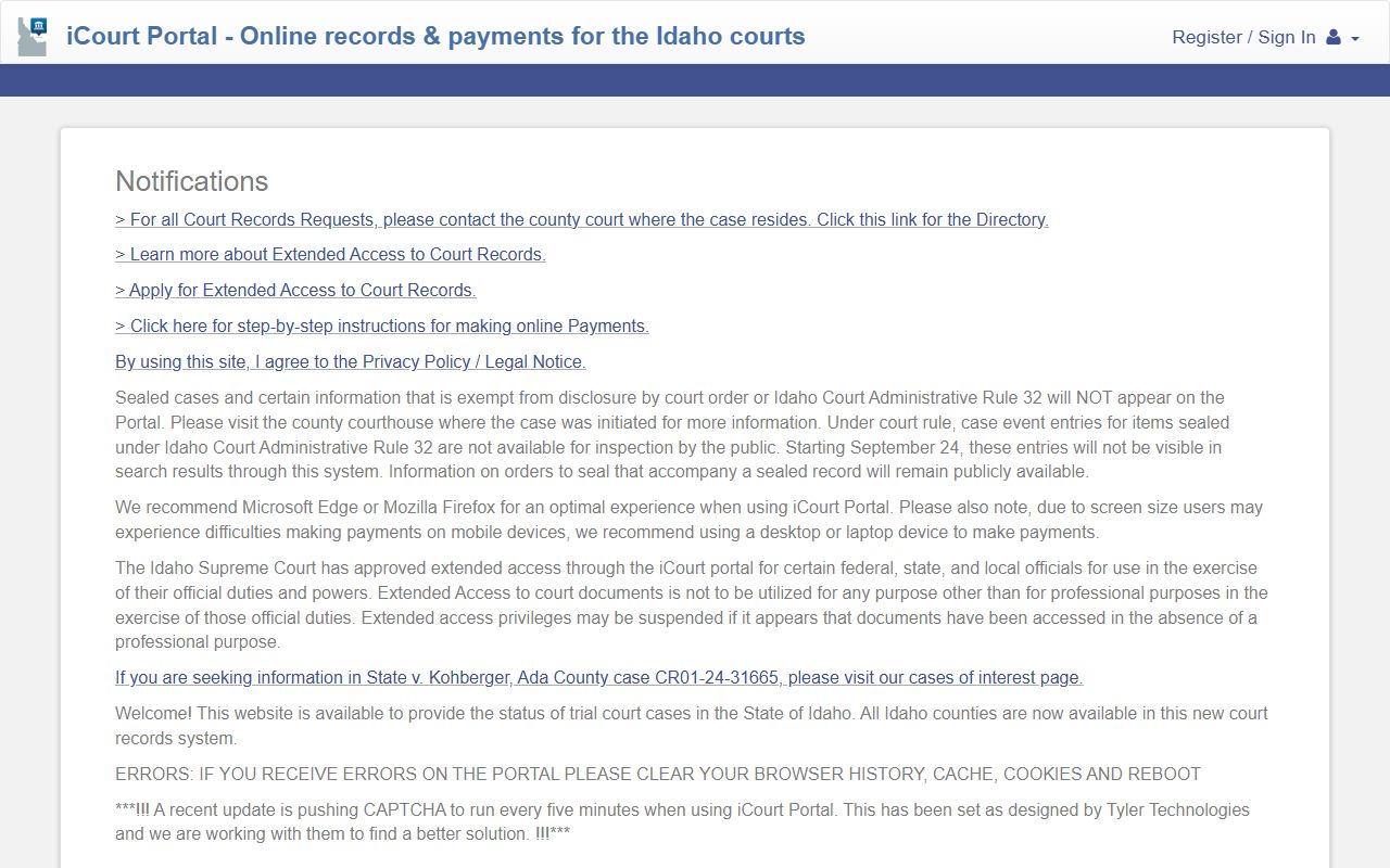 Gem County court records iCourt portal dashboard