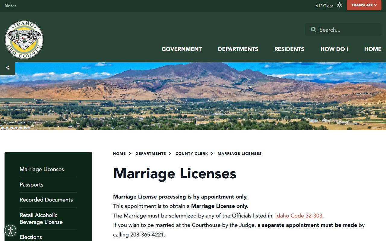Gem County marriage records license appointment page