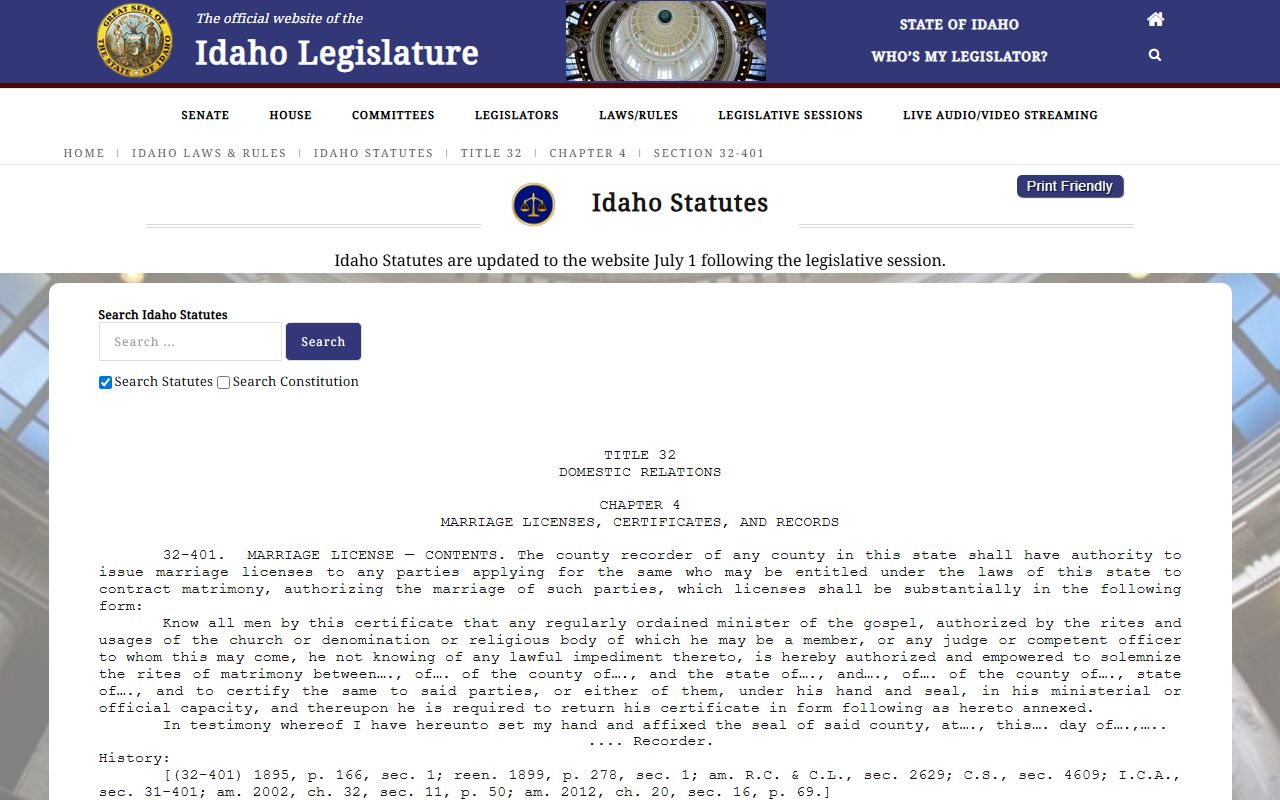 Gem County marriage records Idaho Code 32-401 recorder authority