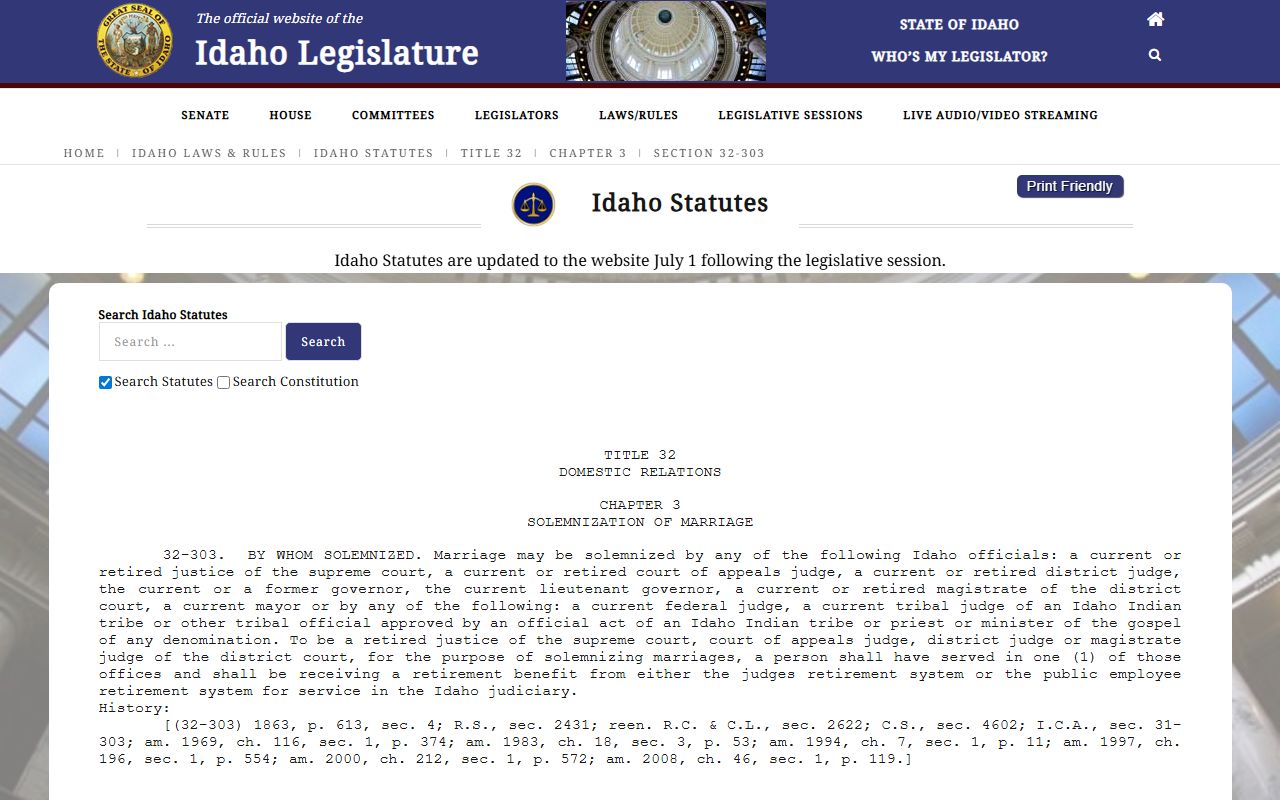 Gem County marriage records Idaho Code 32-303 solemnization authority