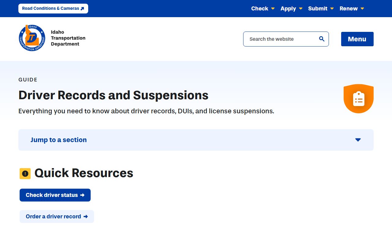 Gem County traffic court records Idaho Transportation Department driver records